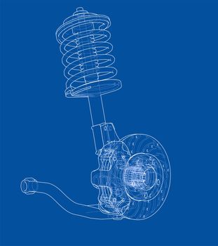 Car suspension with shock absorber. 3d illustration. Wire-frame style