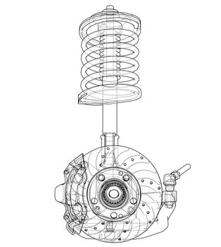 Car suspension with shock absorber. 3d illustration. Wire-frame style