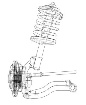 Car suspension with shock absorber. 3d illustration. Wire-frame style