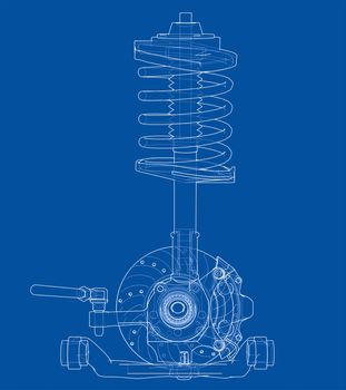 Car suspension with shock absorber. 3d illustration. Wire-frame style