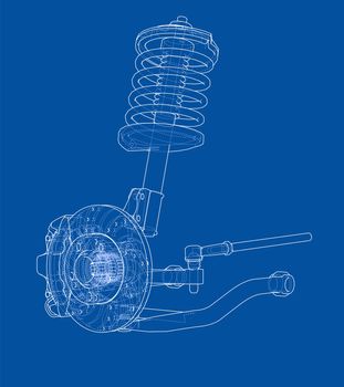 Car suspension with shock absorber. 3d illustration. Wire-frame style