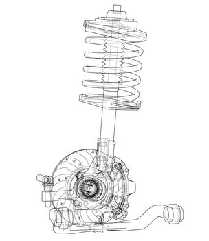 Car suspension with shock absorber. 3d illustration. Wire-frame style