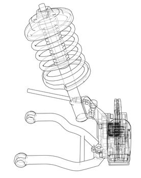 Car suspension with shock absorber. 3d illustration. Wire-frame style