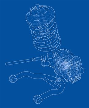 Car suspension with shock absorber. 3d illustration. Wire-frame style