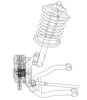 Car suspension with shock absorber. 3d illustration. Wire-frame style