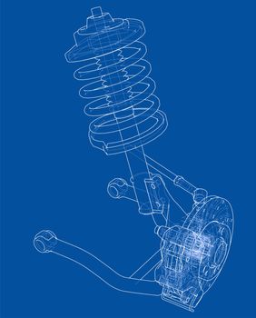 Car suspension with shock absorber. 3d illustration. Wire-frame style