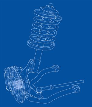 Car suspension with shock absorber. 3d illustration. Wire-frame style