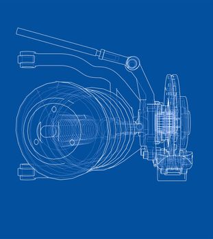 Car suspension with shock absorber. 3d illustration. Wire-frame style