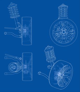 Car suspension with wheel tire and shock absorber. 3d illustration. Wire-frame style