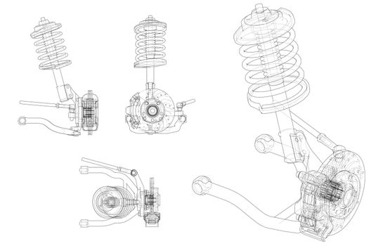 Car suspension with shock absorber. 3d illustration. Wire-frame style