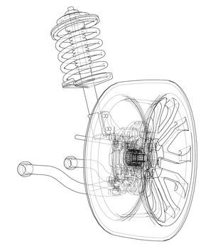 Car suspension with wheel tire and shock absorber. 3d illustration. Wire-frame style