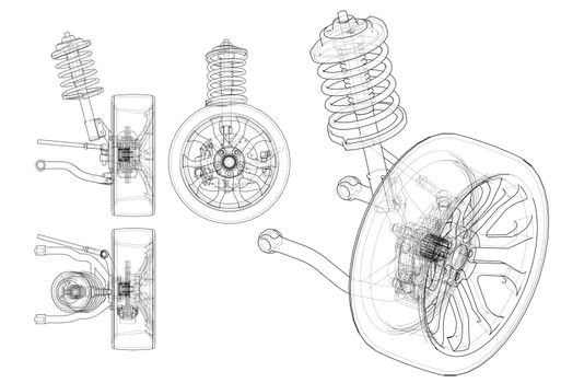 Car suspension with wheel tire and shock absorber. 3d illustration. Wire-frame style