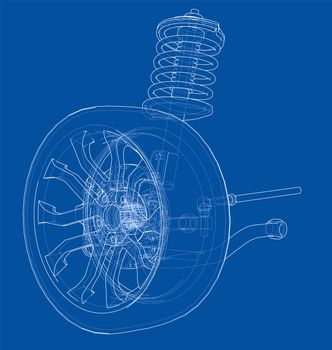 Car suspension with wheel tire and shock absorber. 3d illustration. Wire-frame style