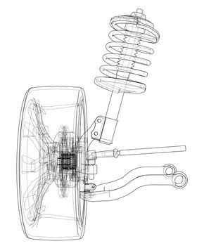 Car suspension with wheel tire and shock absorber. 3d illustration. Wire-frame style