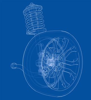 Car suspension with wheel tire and shock absorber. 3d illustration. Wire-frame style