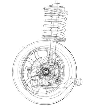 Car suspension with wheel tire and shock absorber. 3d illustration. Wire-frame style