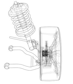 Car suspension with wheel tire and shock absorber. 3d illustration. Wire-frame style