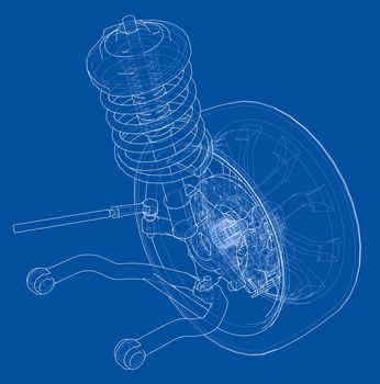 Car suspension with wheel tire and shock absorber. 3d illustration. Wire-frame style