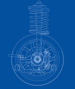 Car suspension with wheel tire and shock absorber. 3d illustration. Wire-frame style