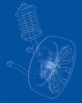 Car suspension with wheel tire and shock absorber. 3d illustration. Wire-frame style