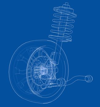 Car suspension with wheel tire and shock absorber. 3d illustration. Wire-frame style