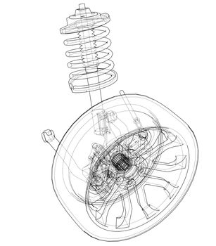 Car suspension with wheel tire and shock absorber. 3d illustration. Wire-frame style