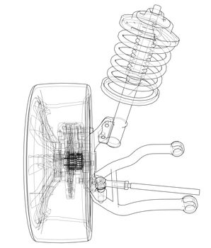 Car suspension with wheel tire and shock absorber. 3d illustration. Wire-frame style