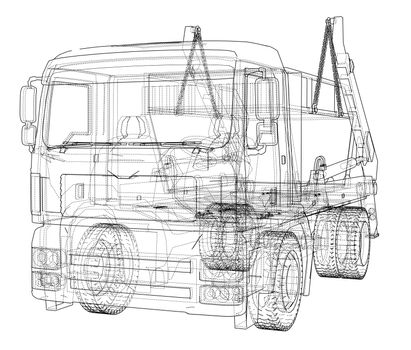 Garbage truck concept. 3d illustration. Wire-frame style