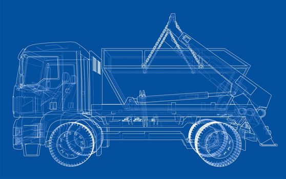 Garbage truck concept. 3d illustration. Wire-frame style