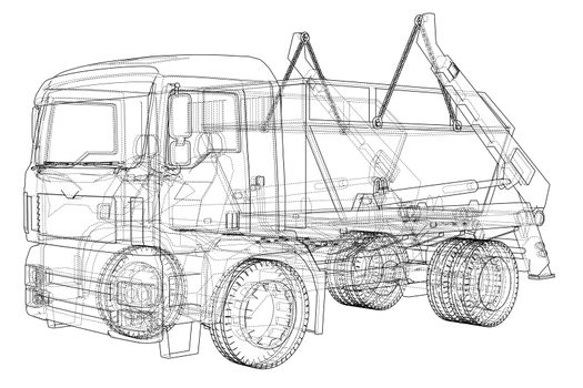 Garbage truck concept. 3d illustration. Wire-frame style