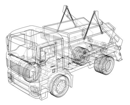 Garbage truck concept. 3d illustration. Wire-frame style