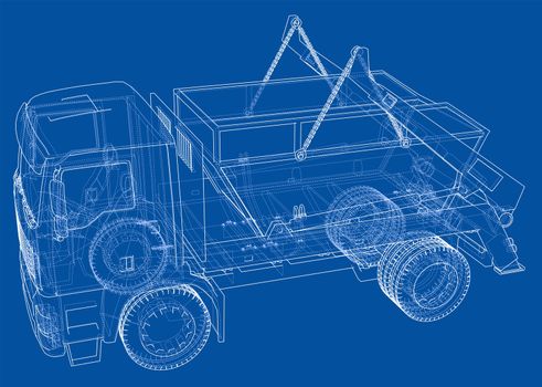 Garbage truck concept. 3d illustration. Wire-frame style