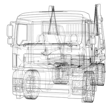 Garbage truck concept. 3d illustration. Wire-frame style