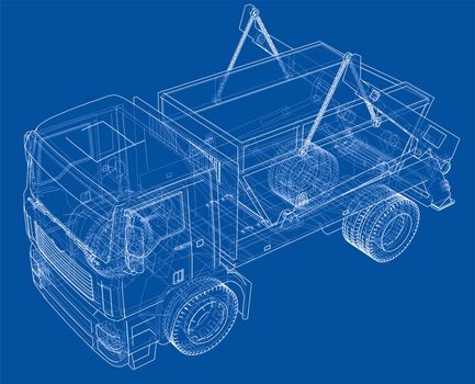 Garbage truck concept. 3d illustration. Wire-frame style