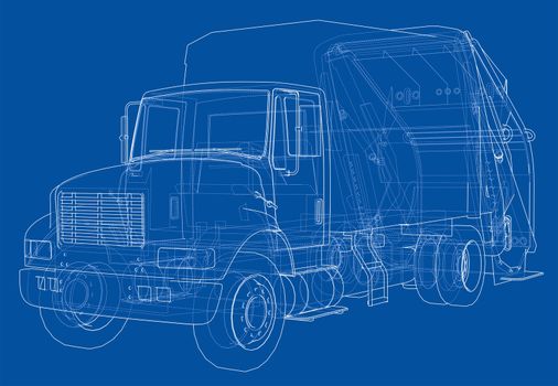 Garbage truck concept. 3d illustration. Wire-frame style