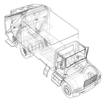 Garbage truck concept. 3d illustration. Wire-frame style