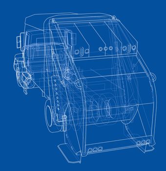 Garbage truck concept. 3d illustration. Wire-frame style