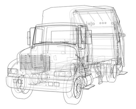 Garbage truck concept. 3d illustration. Wire-frame style