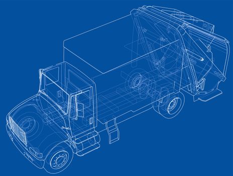 Garbage truck concept. 3d illustration. Wire-frame style