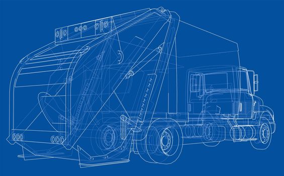 Garbage truck concept. 3d illustration. Wire-frame style