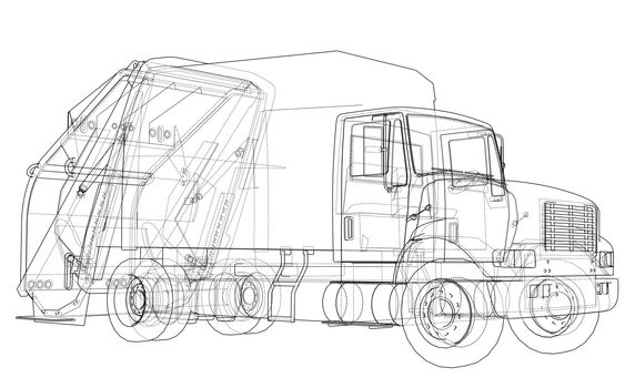 Garbage truck concept. 3d illustration. Wire-frame style