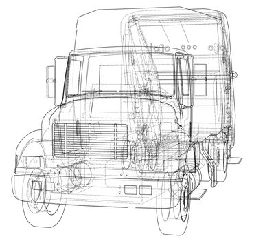 Garbage truck concept. 3d illustration. Wire-frame style