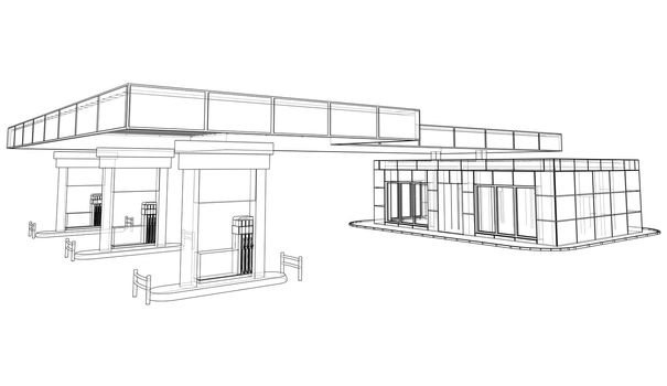 Gas Station. 3d illustration. Blueprint or Wire-frame style