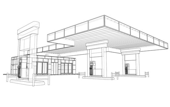 Gas Station. 3d illustration. Blueprint or Wire-frame style