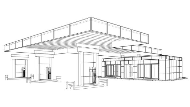 Gas Station. 3d illustration. Blueprint or Wire-frame style