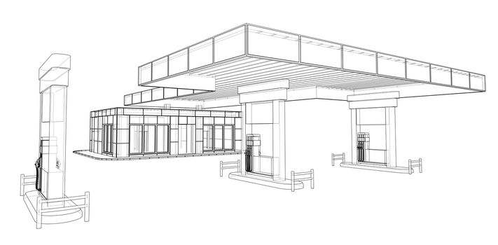 Gas Station. 3d illustration. Blueprint or Wire-frame style