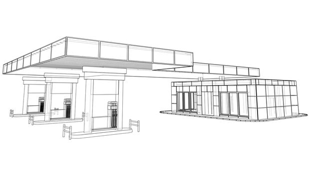 Gas Station. 3d illustration. Blueprint or Wire-frame style