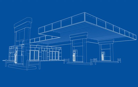 Gas Station. 3d illustration. Blueprint or Wire-frame style