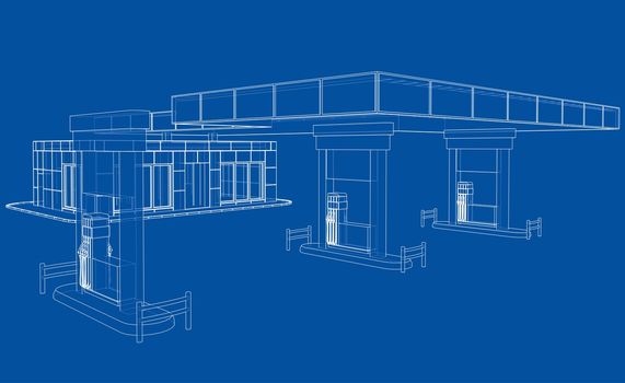 Gas Station. 3d illustration. Blueprint or Wire-frame style