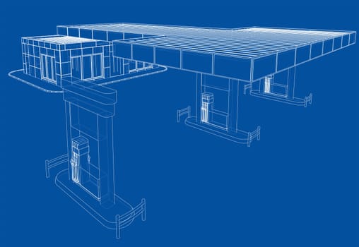 Gas Station. 3d illustration. Blueprint or Wire-frame style